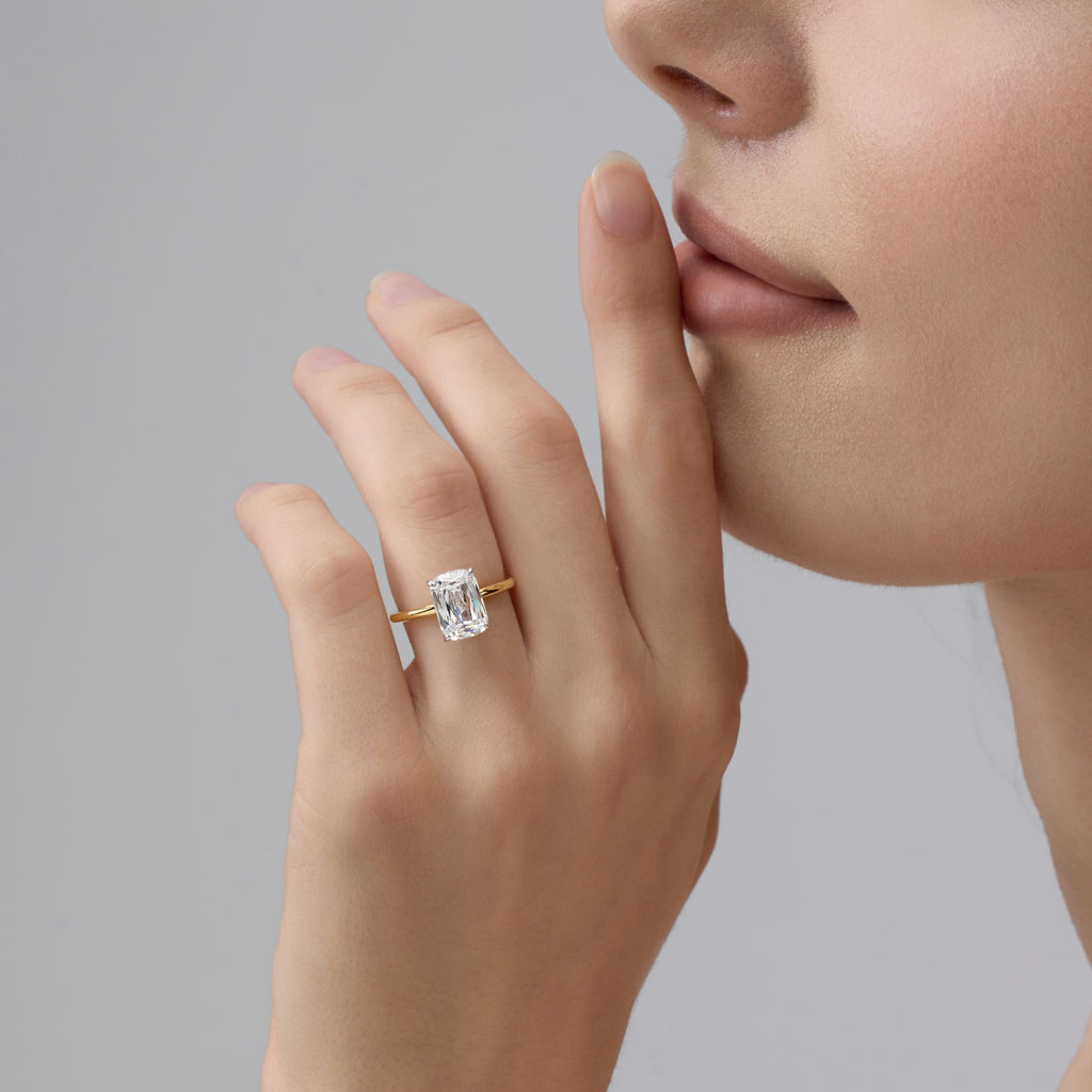 Club Lux 3 Carat Elongated Cushion Ring on woman’s hand, old mine cut inspired sparkle