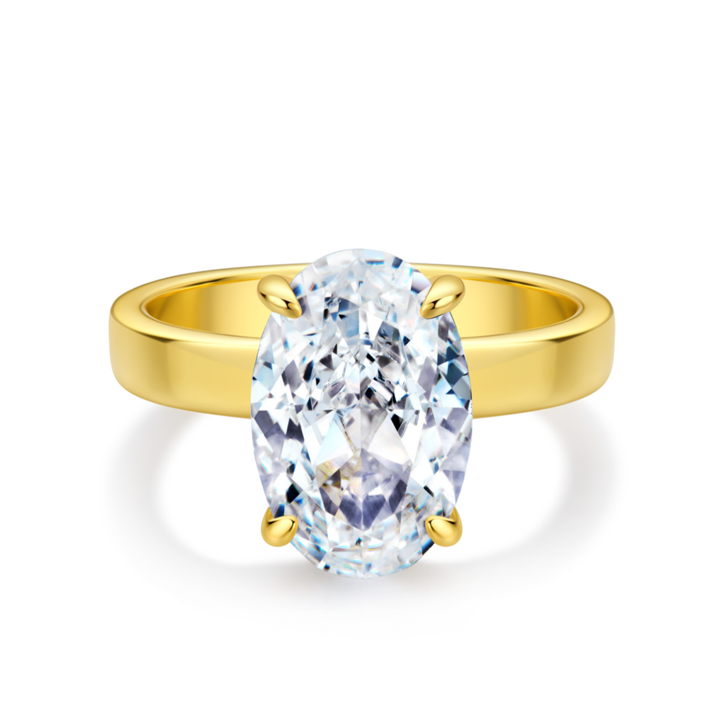 Front view of 3.5 Carat Oval Solitaire Engagement Ring – Gold | 3mm Flat-Edge Band on white background | Club Lux