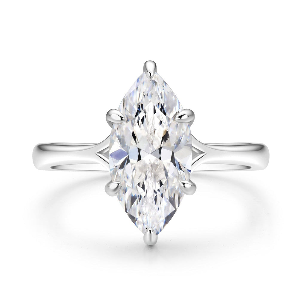 3 Carat Marquise Cut Solitaire Engagement Ring in Rhodium-Plated Sterling Silver – front view showing elegant marquise shape and 6-prong setting