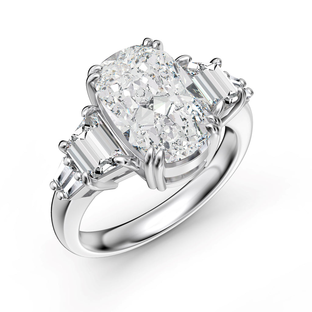 Top angle view of 3.5 Carat Oval Multi-Stone Engagement Ring highlighting tapered baguette side stones.