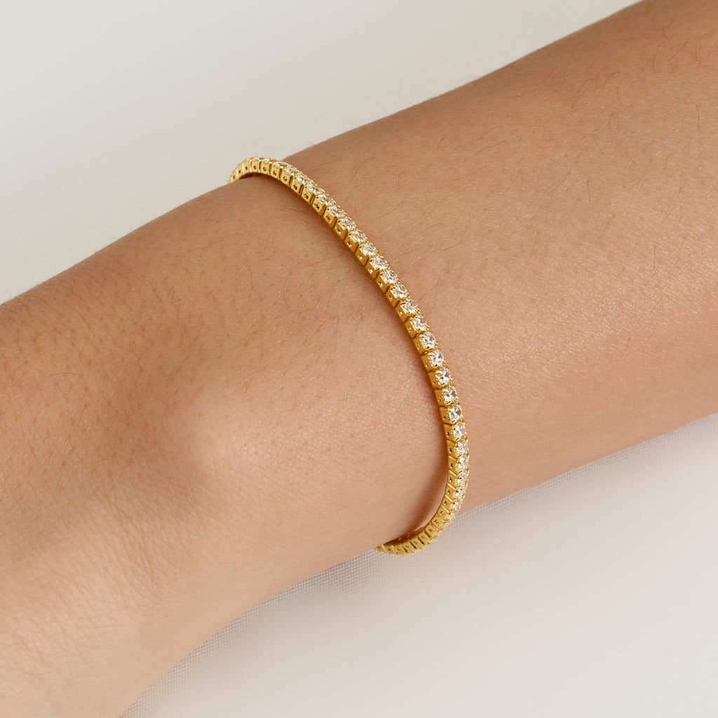 Front Angle Close-Up of 2mm Tennis Bracelet on Wrist – Showing Sparkle, Depth, and Premium Finish