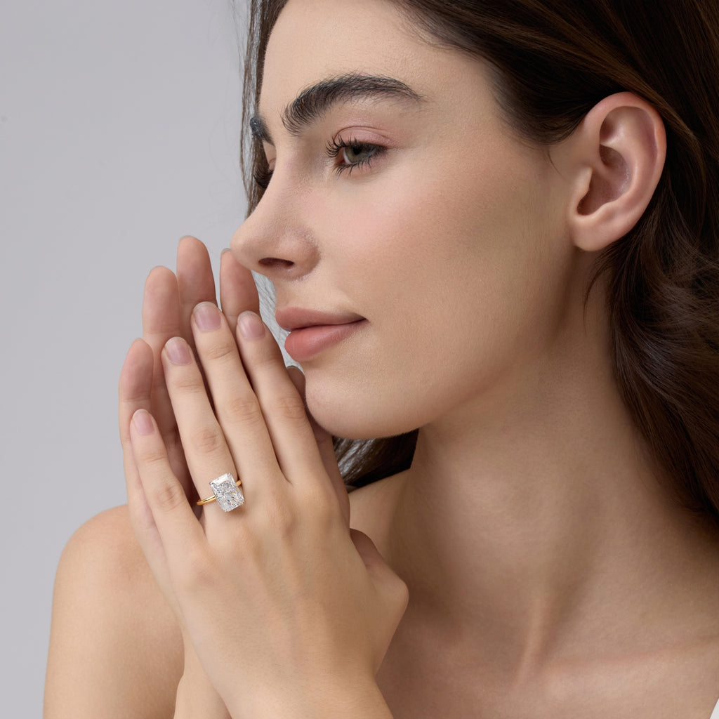 Club Lux Radiant Cut Two Tone Engagement Ring on Woman’s Hand – 5.5 Carat 8A Crushed Ice Cubic Zirconia, 18K Gold and Rhodium Plated