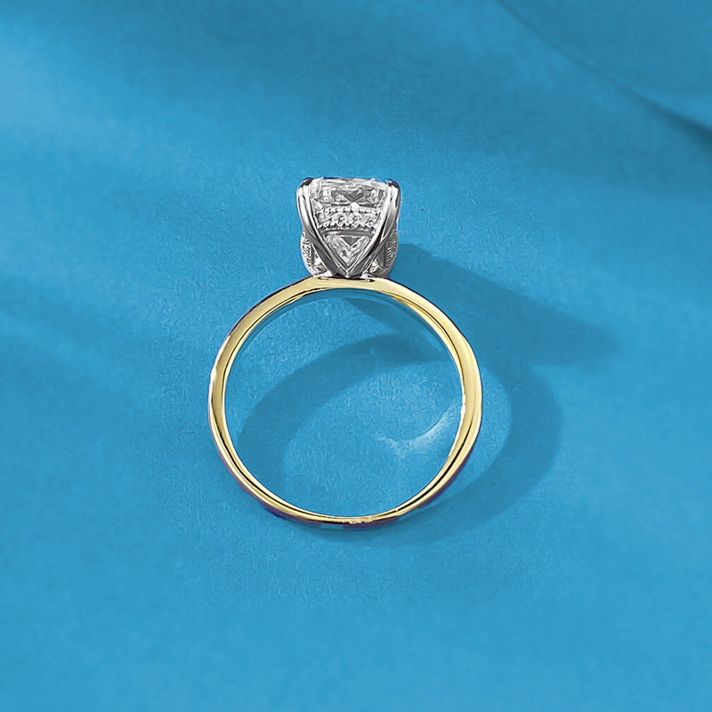 Side view Club Lux 3 Carat Elongated Two Tone Cushion Ring, hidden halo, gold band, old mine cut inspired