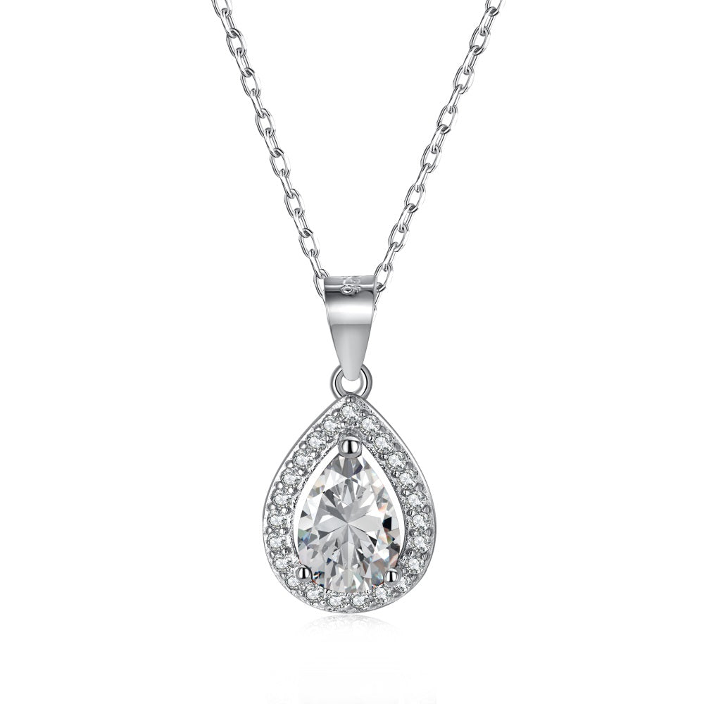 Sterling Silver Cubic Zirconia Pear Halo Pendant Necklace