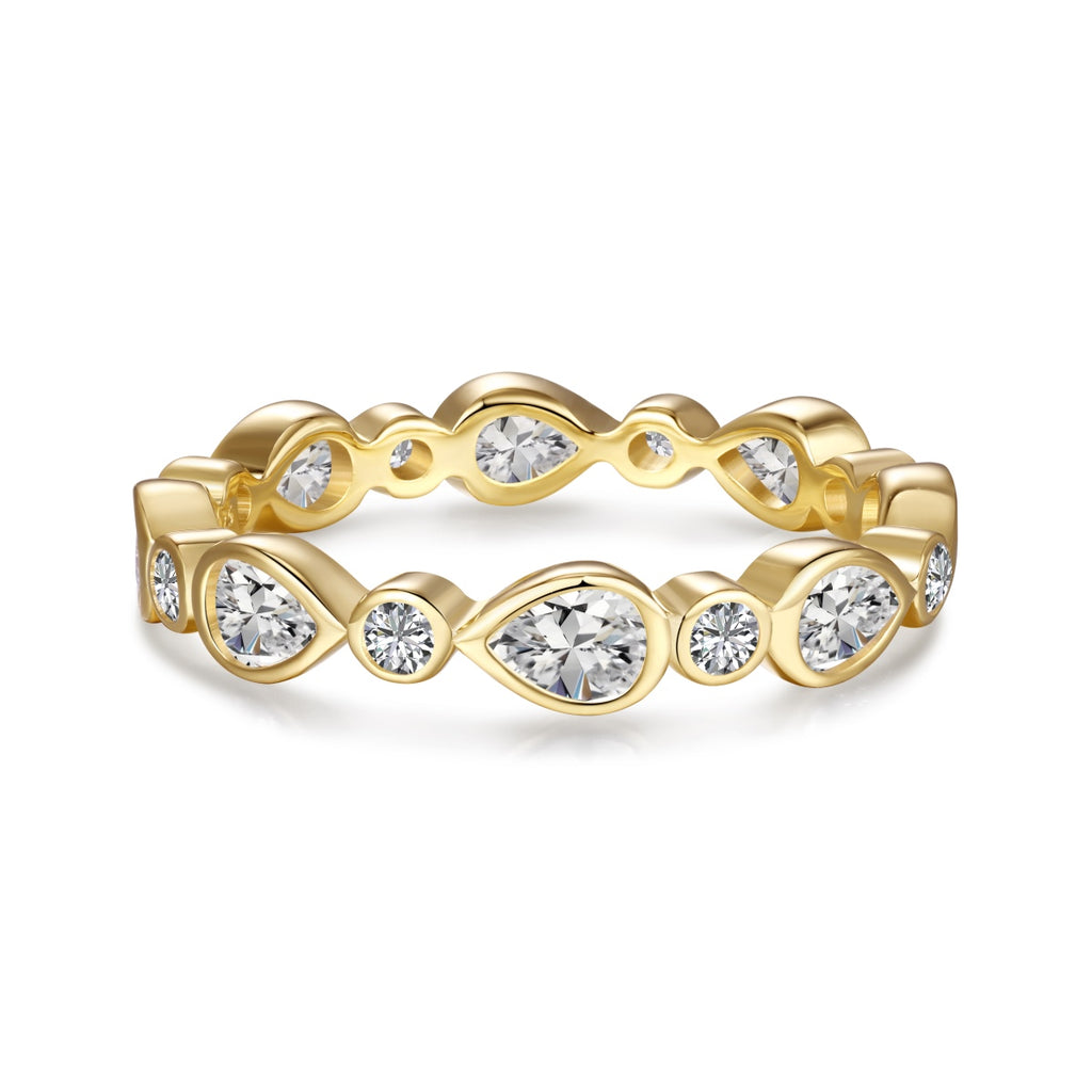 Sterling Silver & 18k Gold Plated Bezel Set Pear & Round CZ Curved Eternity Ring