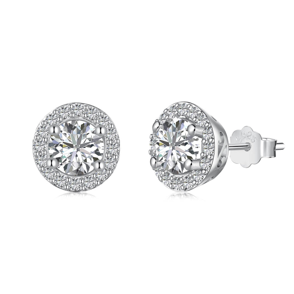 Sterling Silver Cubic Zirconia Round Brilliant Halo Studs Earrings
