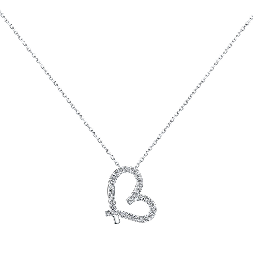 Sterling Silver 3D Pave Cubic Zirconia Open Heart Necklace