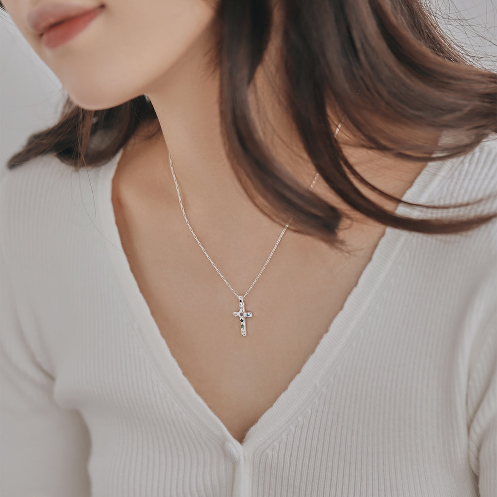 Sterling Silver Dainty Rainbow Cross Necklace