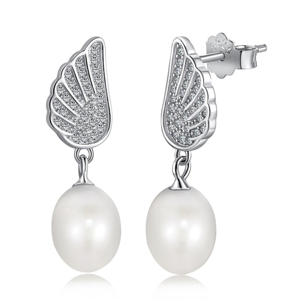 Sterling Silver Pave Angle Wings Freshwater Pearl Drop Earrings