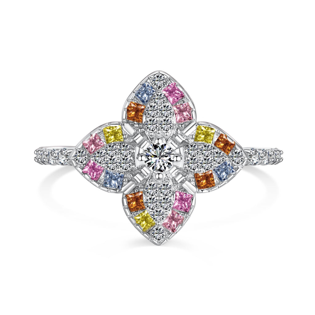 Sterling Silver Multi Coloured CZ Four Leaf Clover Ring