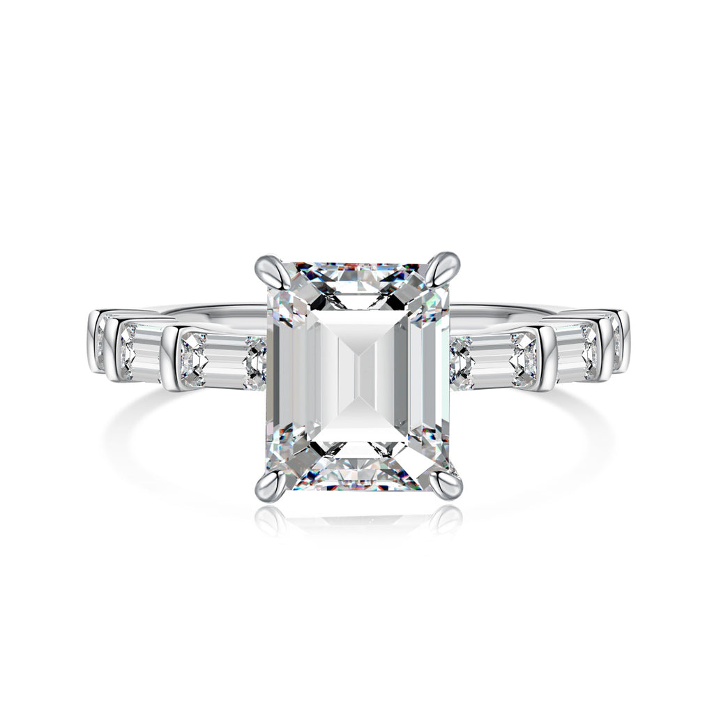 Sterling Silver Baguette Bar 4.0 Carat Emerald Cut Engagement Ring