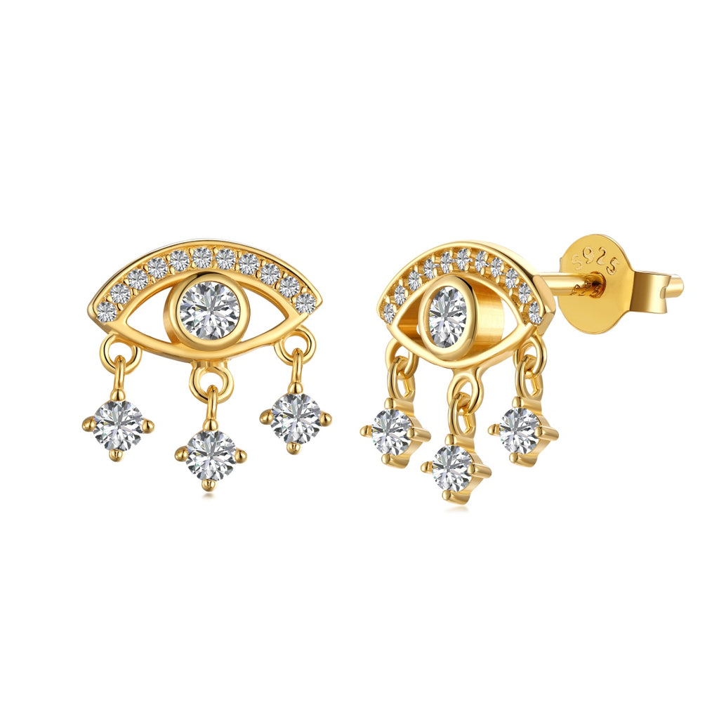 Sterling Silver & 18ct Gold Plated Cubic Zirconia Evil Eye Dangle Studs Earrings