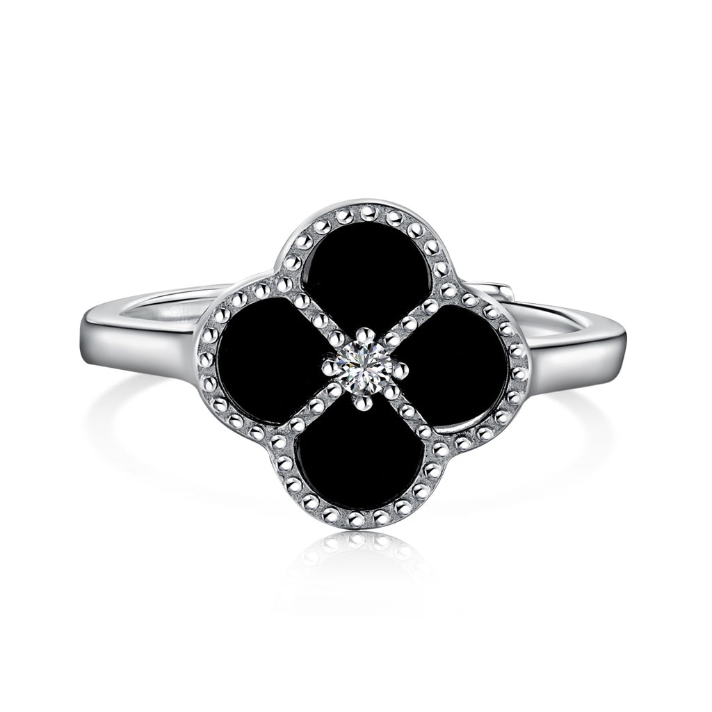 Sterling Silver Black Onyx CZ Lucky 4 Leaf Clover Ring