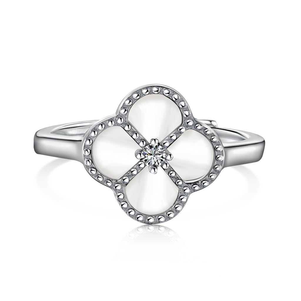 Sterling Silver White Shell CZ Lucky 4 Leaf Clover Ring