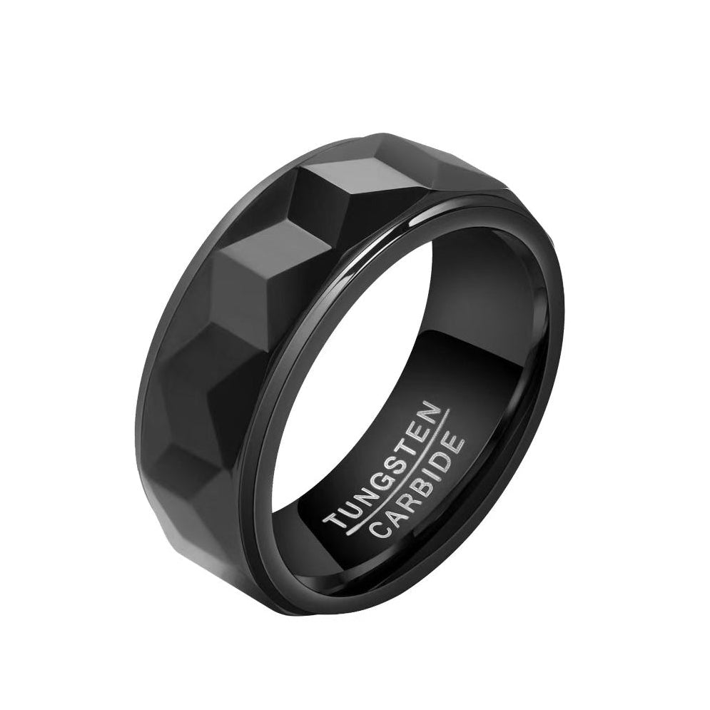 Club Lux Men’s Black Tungsten Carbide Ring 8mm Faceted Wedding Band front view showing polished inlay and modern design.