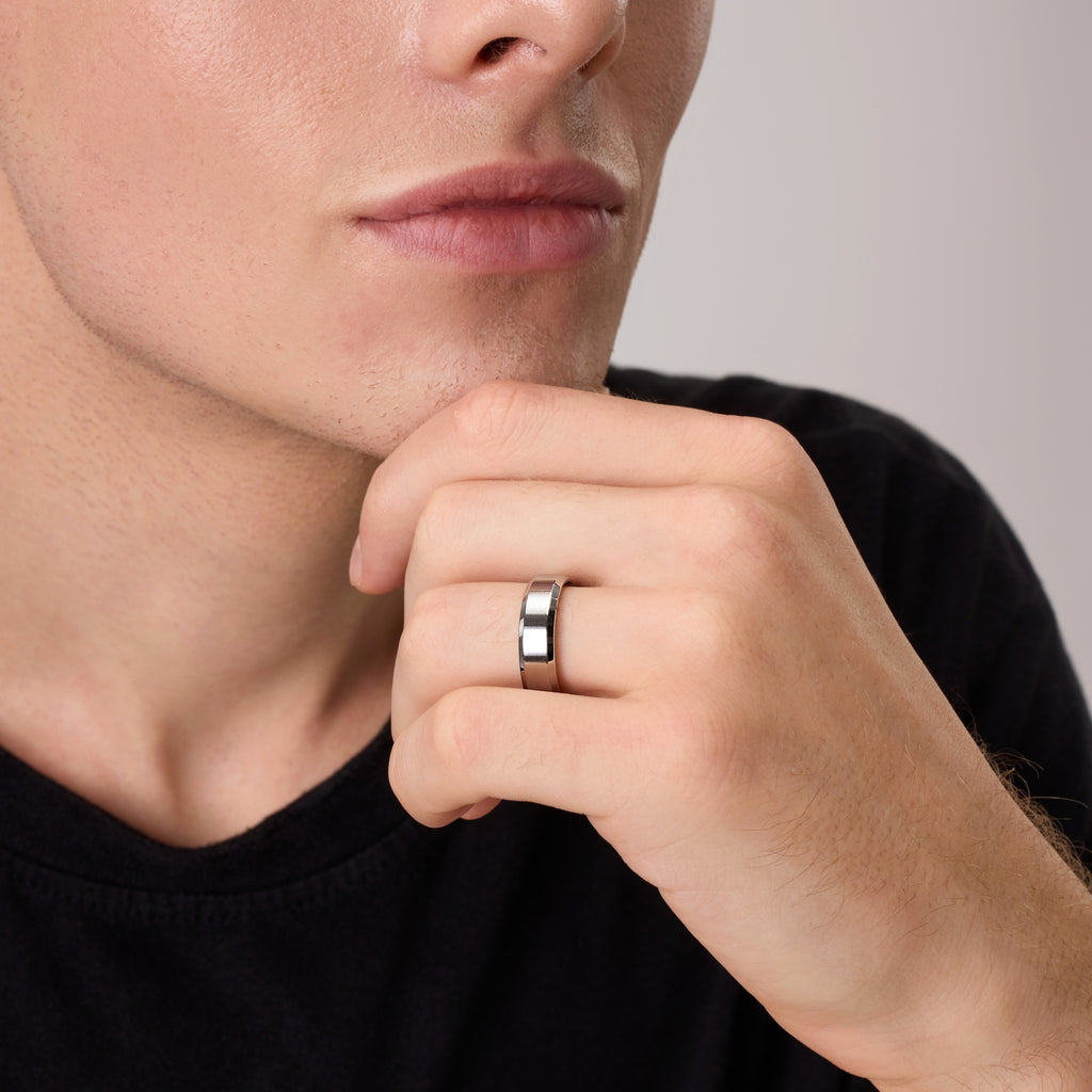 Close-up front view of man wearing a silver titanium ring