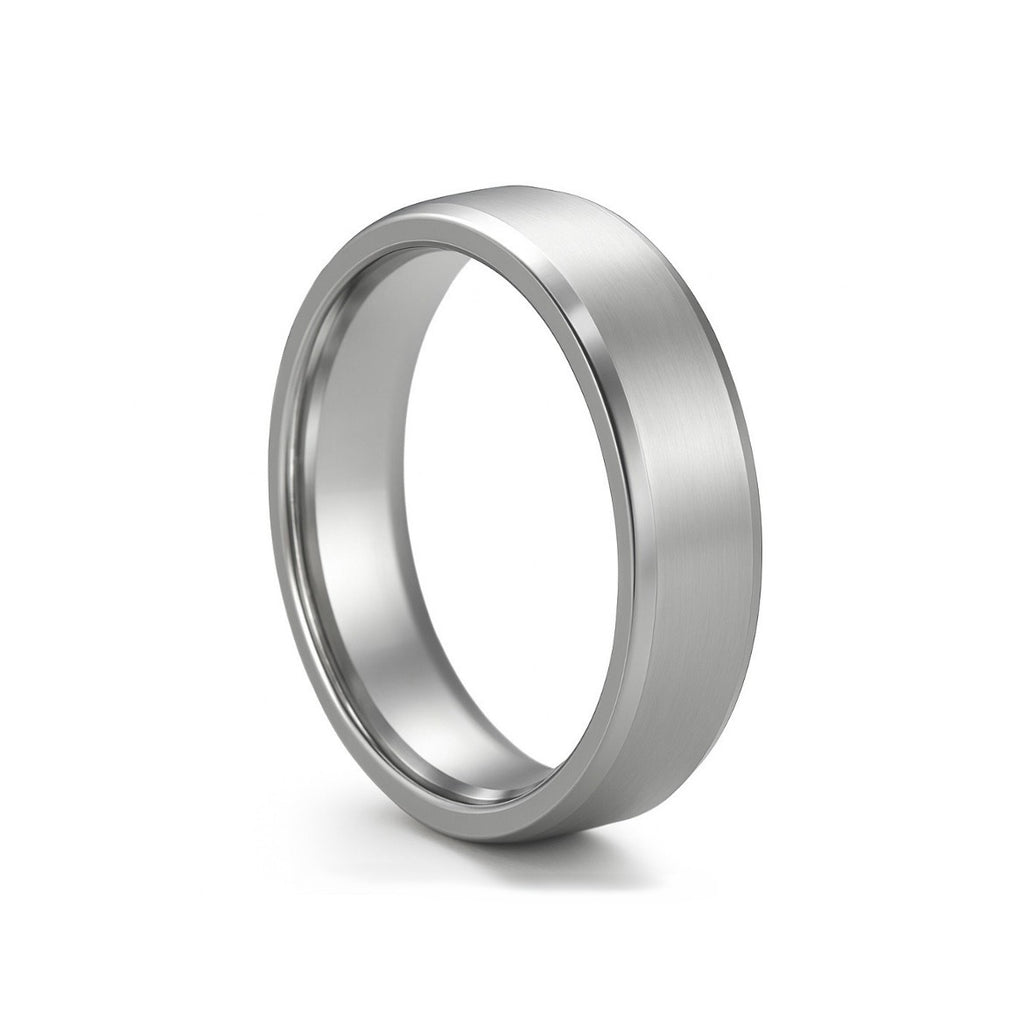 Men’s silver titanium wedding band in three-quarter angle product view
