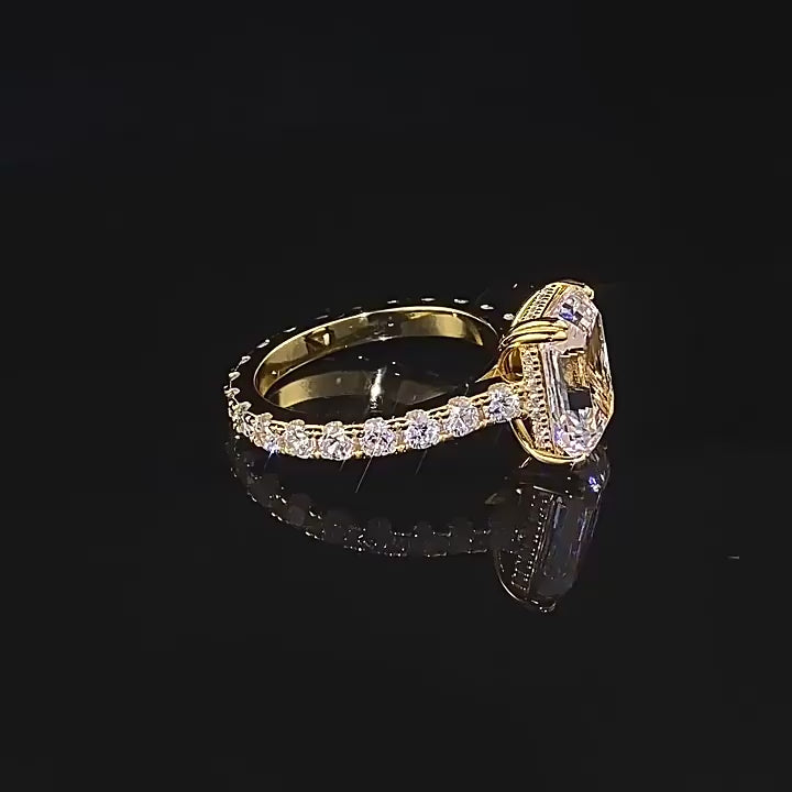 360° video of Club Lux 5ct emerald cut engagement ring showing cathedral setting, double prong, hidden halo, full eternity band