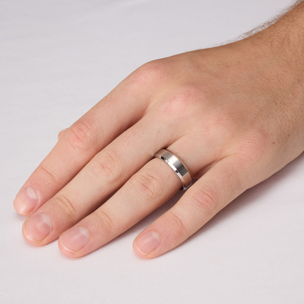 Very close front and side view of men’s silver titanium ring worn on hand