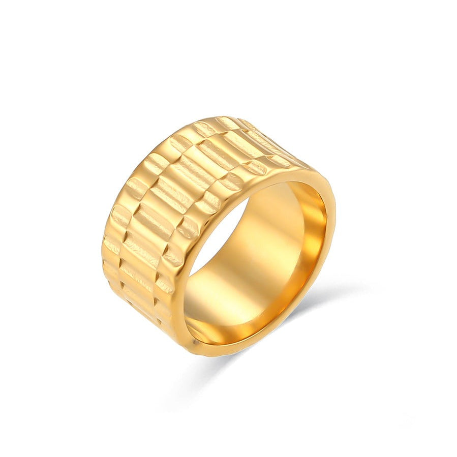 Stainless Steel & 18k Gold Plated Watchband Textured Wide Cigar Band Ring