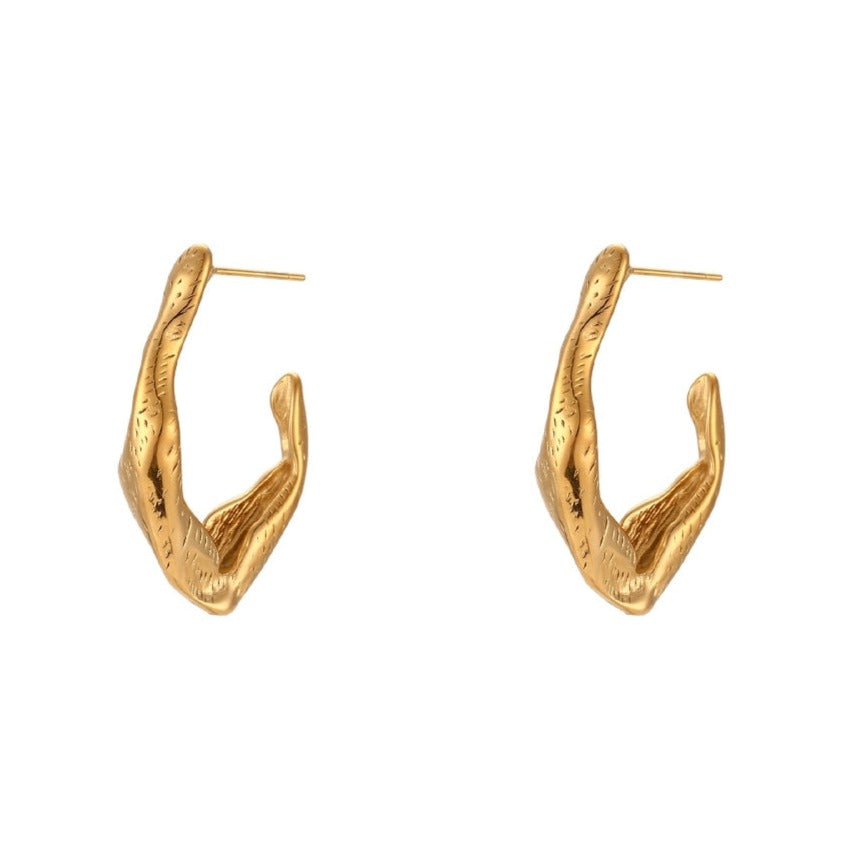 Stainless Steel 35mm Abstract Irregular Oval Long Hoops Earrings - Gold
