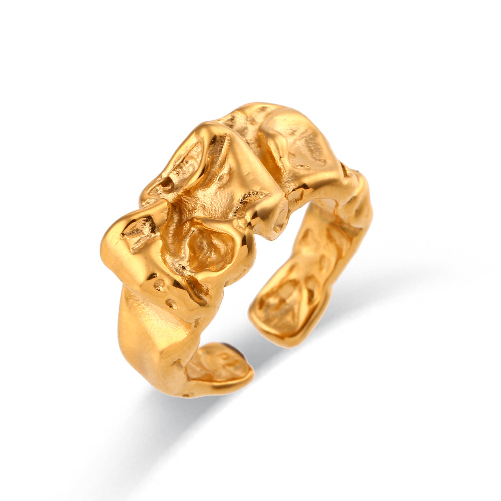 Stainless Steel & 18k Gold Plated Chunky Irregular Wrinkle Statement Ring 