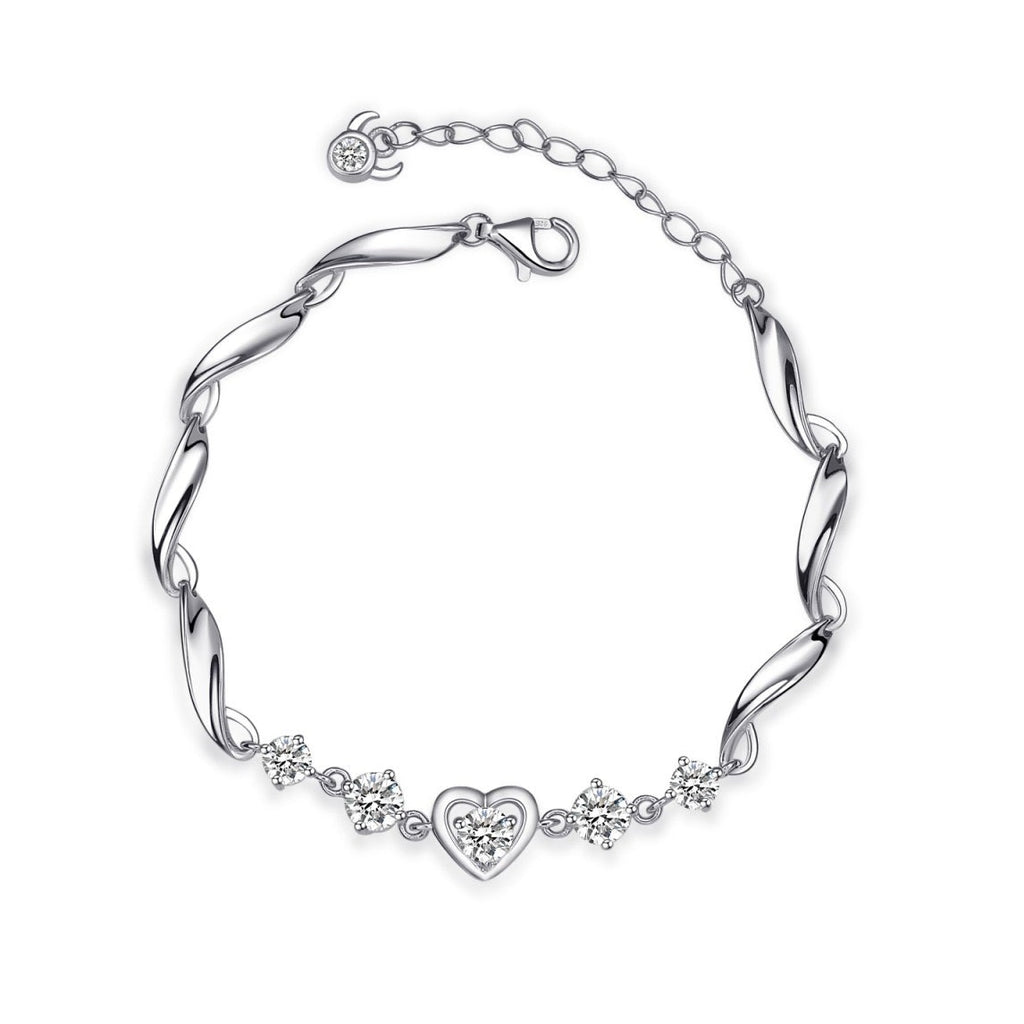 Sterling Silver Bezel Heart Round Crystal Curved Chain Bracelet