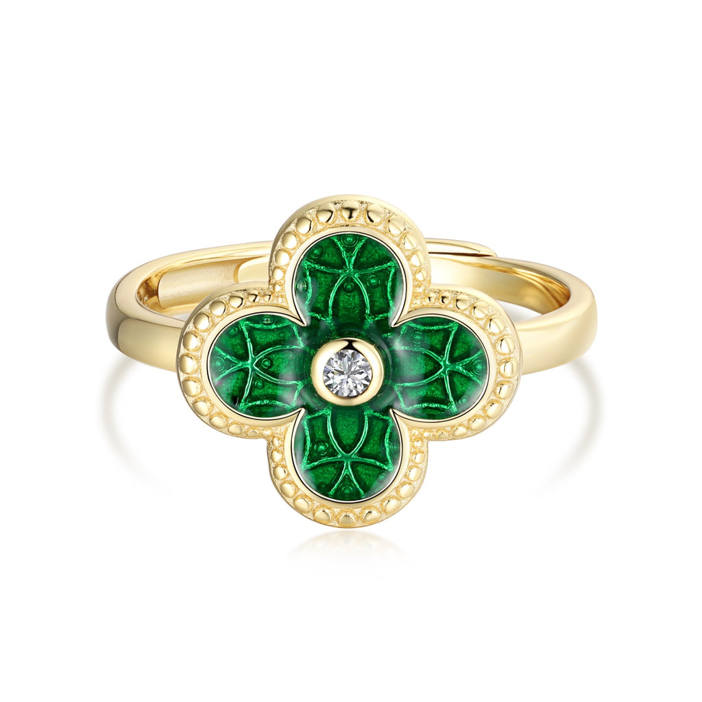 Sterling Silver Emerald Green Four Leaf Clover Ring - Gold
