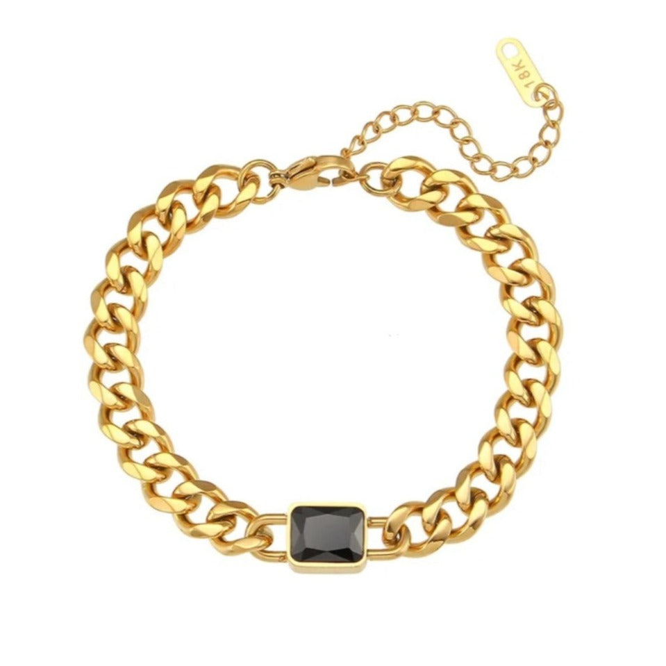 Stainless Steel & 18ct Gold Plated Black Crystal Cuban Chain Bracelet